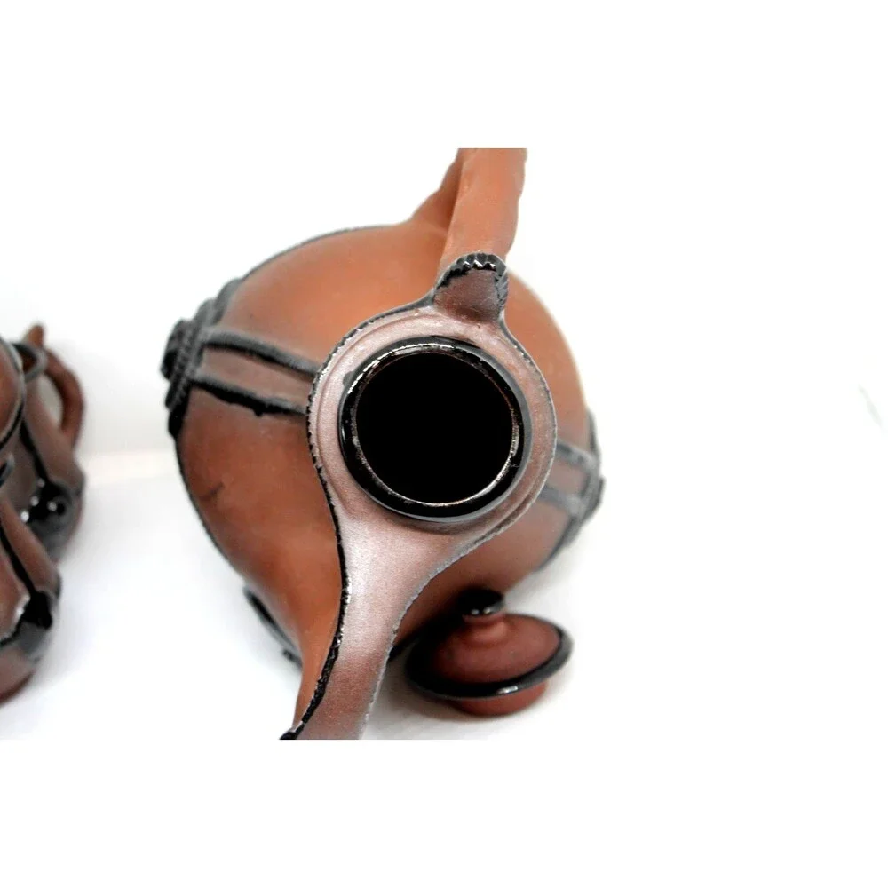 Bulgarian Clay Pottery Pitcher w/Sculptural Handle Decorative Elements 6 Mugs
